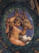 Correggio Two ovals depicting a putto with a stag's head and a putto with a greyhound Spain oil painting artist