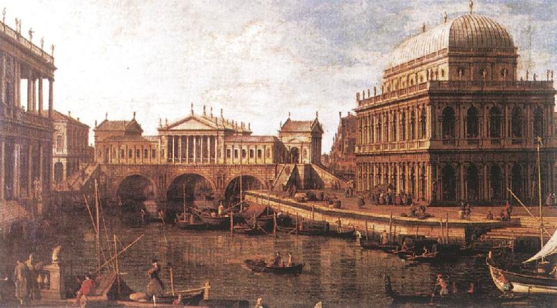 Canaletto Capriccio: a Palladian Design for the Rialto Bridge, with Buildings at Vicenza oil painting image