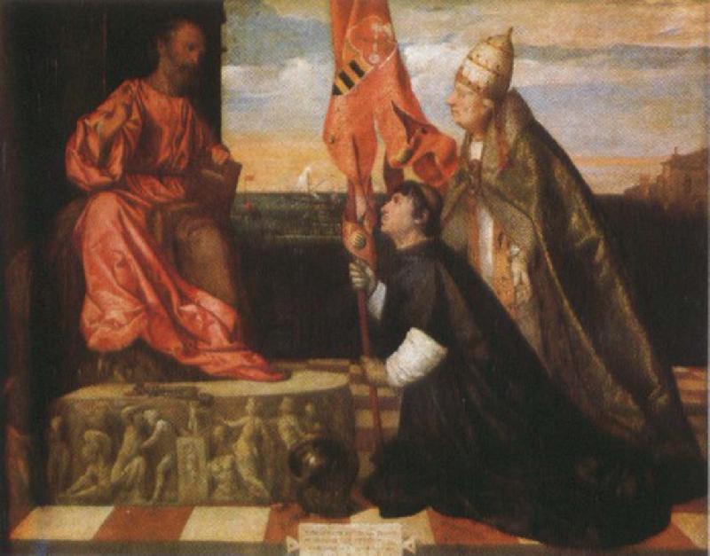 Titian By Pope Alexander six th as the Saint Mala enterprise's hero were introduced that kneels in front of Saint Peter's Ge the cloths wears Salol oil painting image