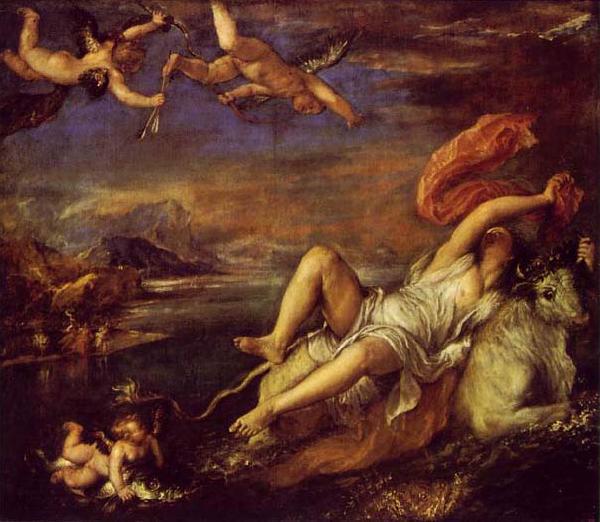 Titian The Rape of Europa  is a bold diagonal composition which was admired and copied by Rubens. oil painting image